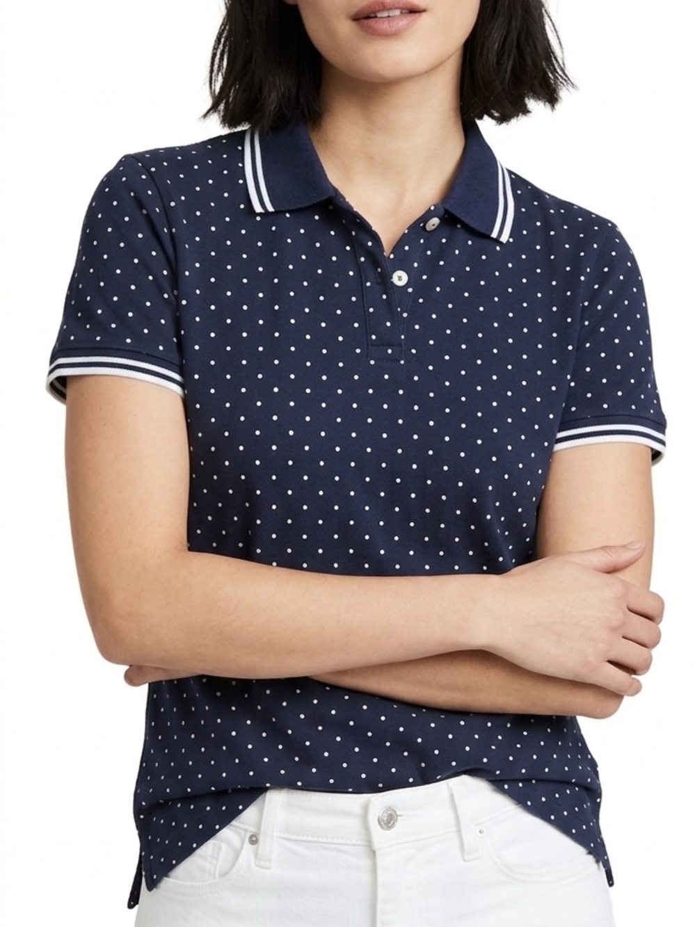 L.L. BEAN Navy Blue Polka Dot Polo Shirt Relaxed Fit Short Sleeve Size Medium